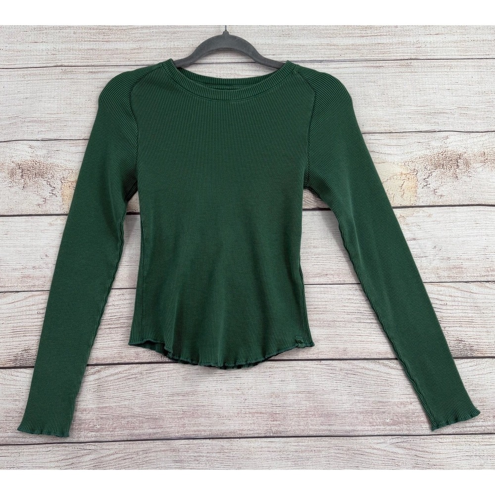 We The Free Waffle Knit Top Women XS Green Long Sleeve Curved Hem OB2016683